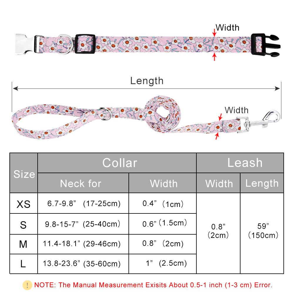 Dog Collar and Leash Set for Daily Outdoor Walking Running Training, Floral Spring Design for Small Medium Large Dogs Cats Pets