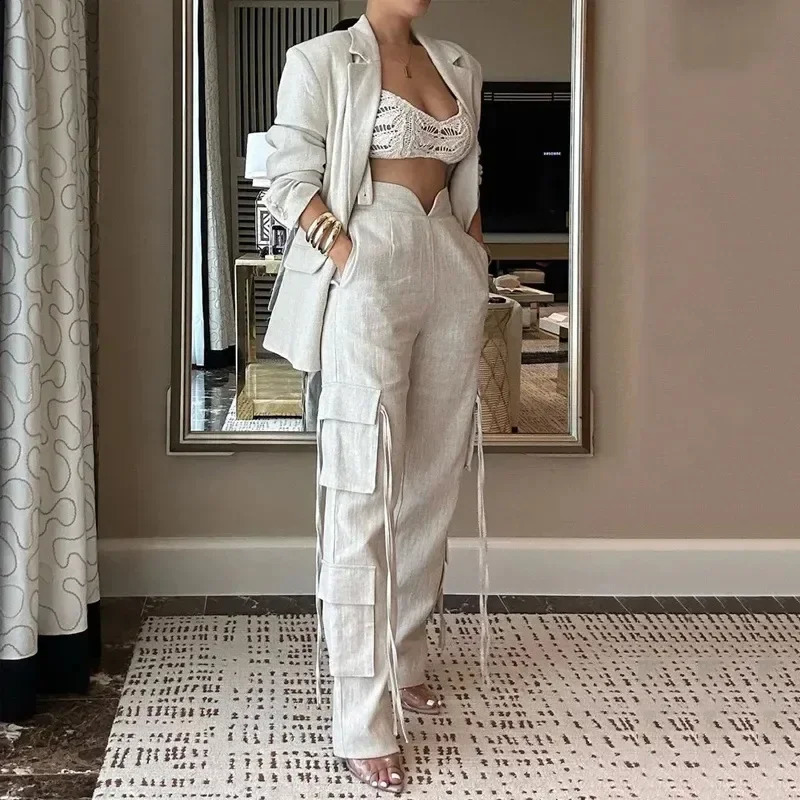 Two piece womens commuting set solid long sleeved lapel top wide leg pants with multiple pockets 240913