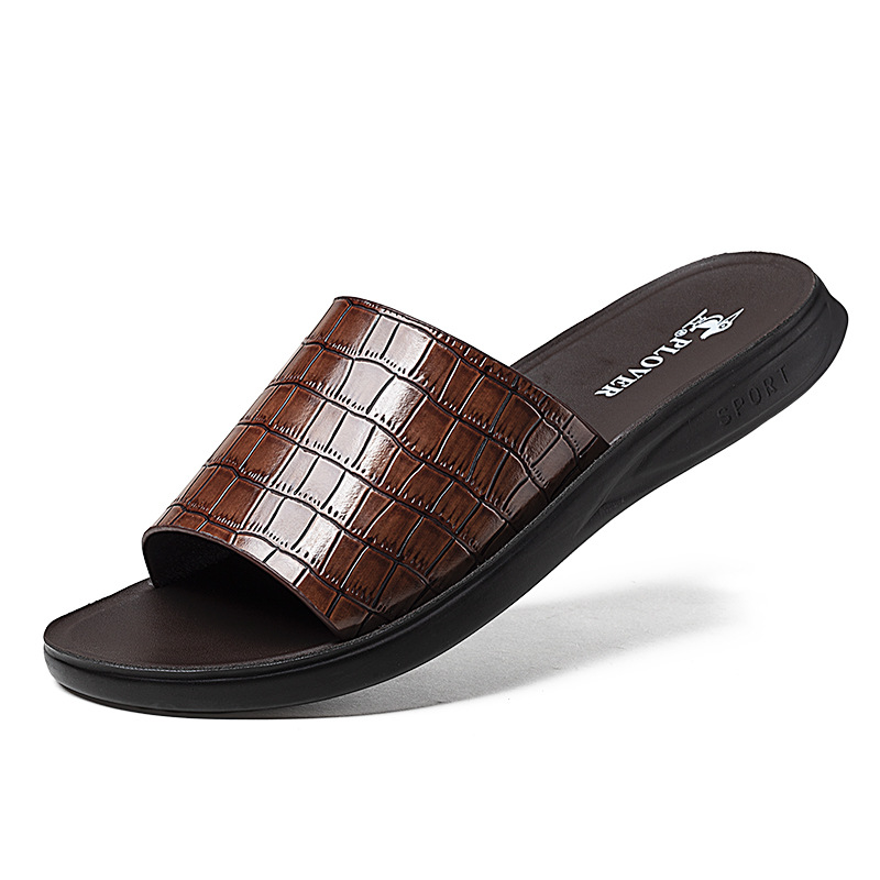 Summer New Shoes for Men Genuine Leather Slipper Stone Pattern Casual Sandals Comfortable Slides Cool Beach Shoes
