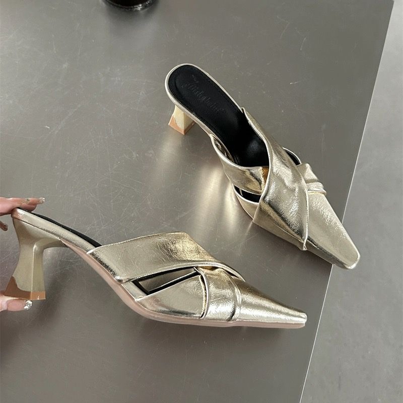 2024 Spring and Summer New Rhinestone Pointed Flat Slippers Female Summer Wear Baotou Half Drag Mueller Shoes Female Slippers
