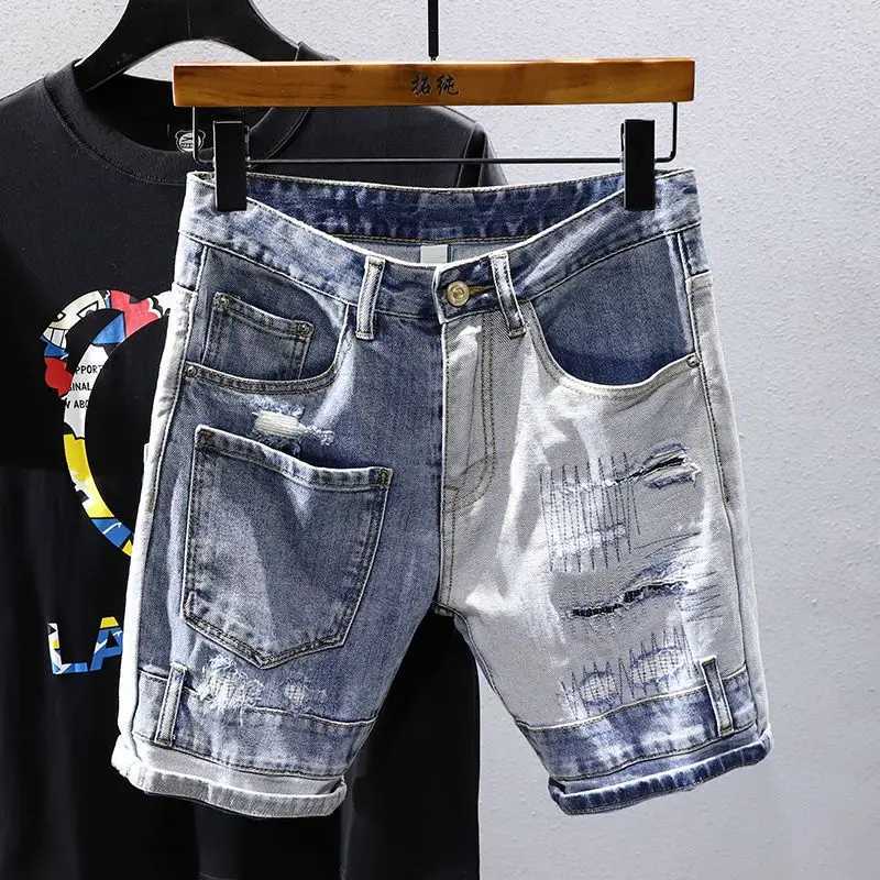 Luxury Mens Slim Fit Distressed Patches Classic Cowboy Pants with Multiple Pockets and Stretch Patchwork Washed Jeans ShortsX240914