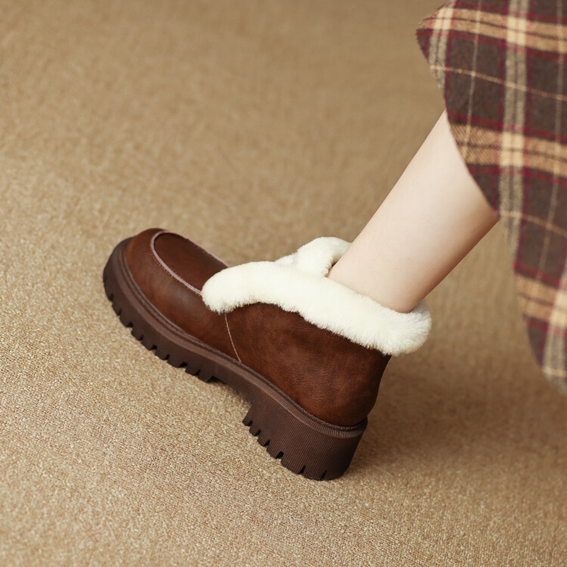 Winter NEW Split Leather Ankle Round Toe Chunky Heel Women Shoes Platform Modern Warm Wool Boots 8b29
