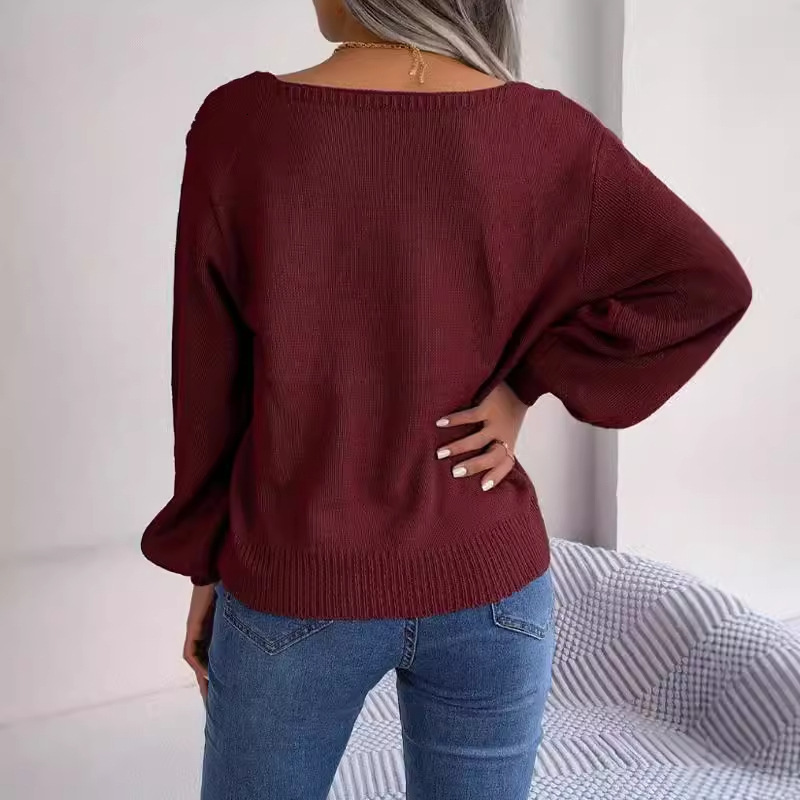 dongdumaoyi New autumn and winter square neck long sleeve pullover sweater solid casual Fried Dough Twists thread knit F0914#42