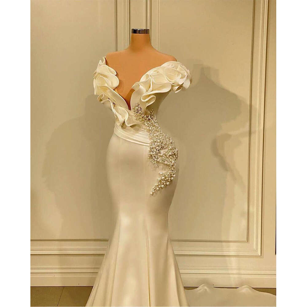 Mermaid Long Evening Dresses Off Shoulder Pearls Pleated Dubai Women Ruffles Formal Ocn Party Prom Gown Vestido