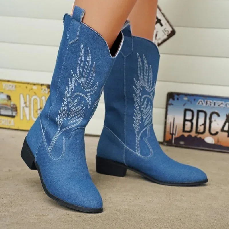 Women Fashion Slip on Knight Boots Ladies Autumn Winter Thick Sole Knight Boots Pointed Toe Square Heel Embroidered Cowboy Boots