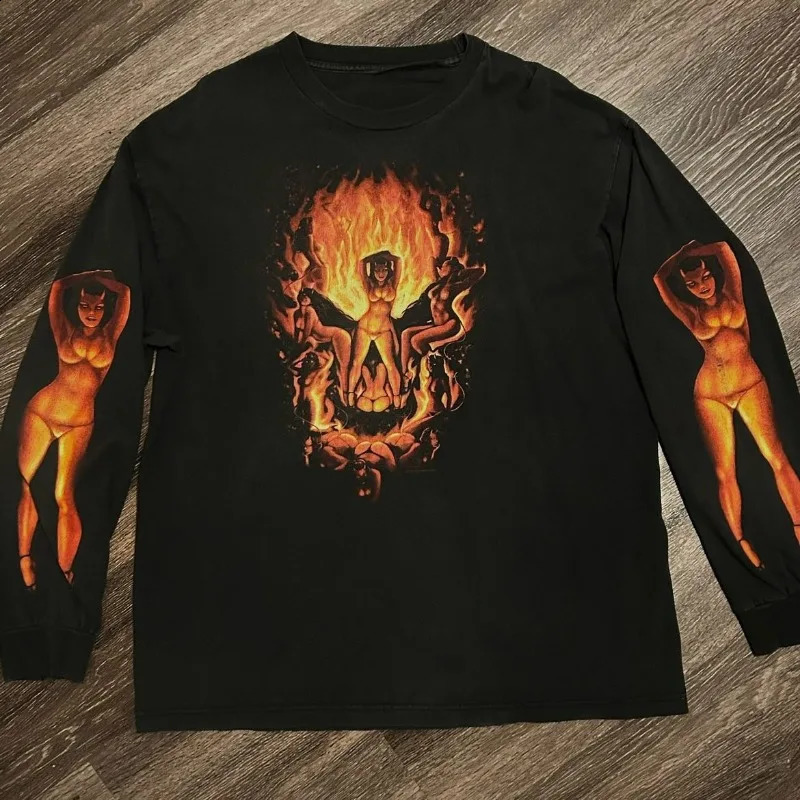 2000s long sleeve t shirts Y2K vintage print pattern Streetwear oversized shirt gothic Hip Hop men women Loose Punk 240913