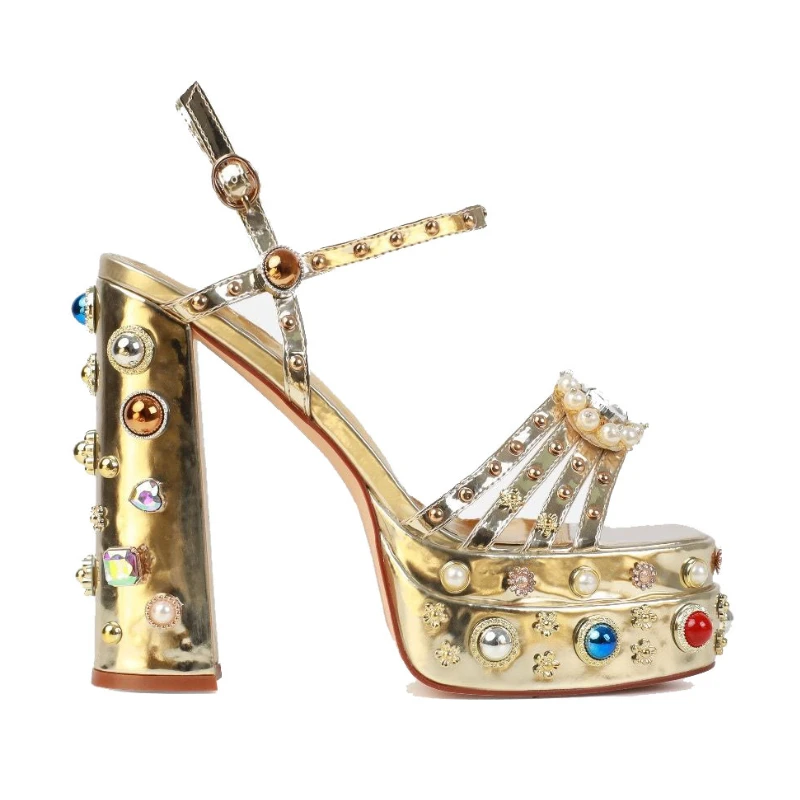 Summer 2024 Satin Rhie Gem Sandals 14.5Cm Open Toe Thick Quality Platform Shiny Women's New High Heel Shoes Size34-43 73Da