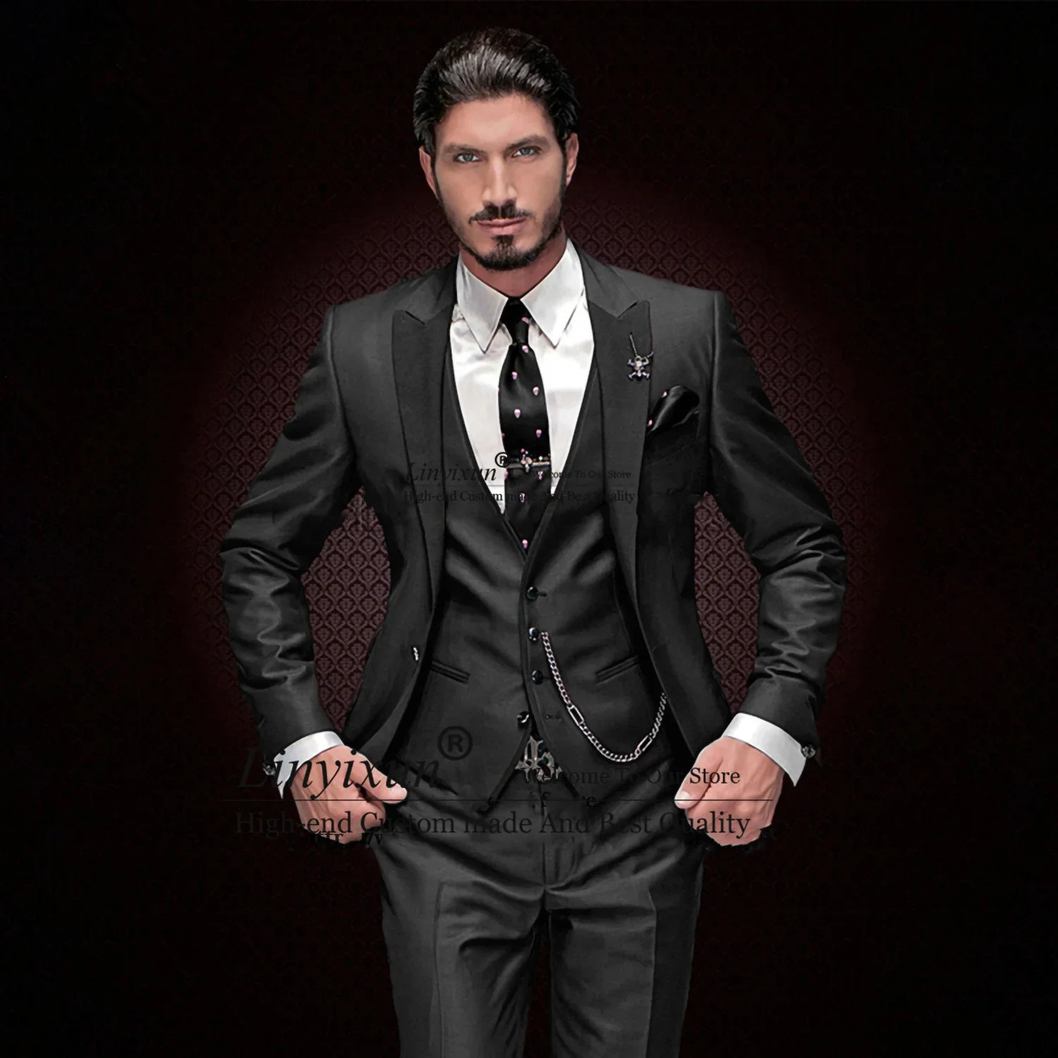 Classic Black Slim Fit Mens Suits ed Lapel Wedding Groom Tuxedo 3 Piece Jacket Vest Pants Set Male Business Masculino Blazer 240905