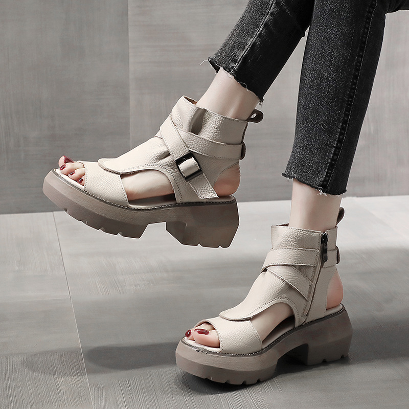 Open-toe Roman Shoes Thick Spring Summer 2023 Casual Belt Buckle Back Empty Vintage High-top Sandals New Platform Sandalias 16a7