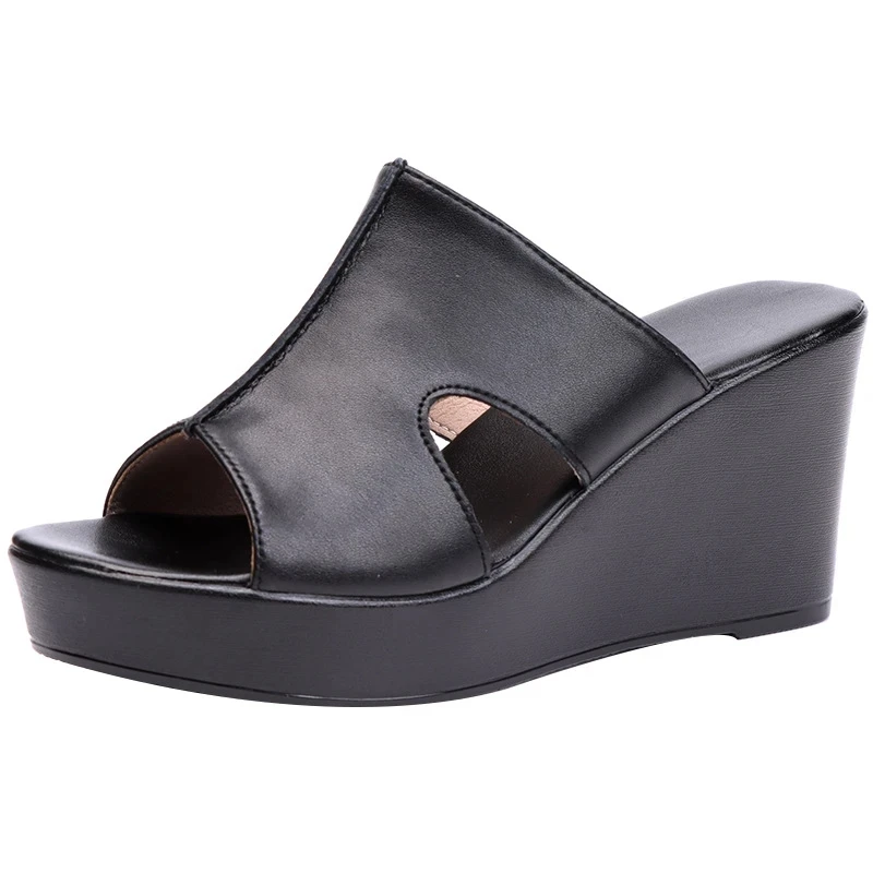 New Summer Fish Mouth Genuine Leather Slipper Women Platform Sandals Heighten Shoes Wedges Sandals High Heels 6 / 8 / 11 Cm