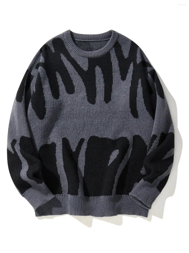 Men's Sweaters Autumn Winter Irregular Jacquard Pattern Pullover Sweater Casual Round Neck Contrast Color Knitted