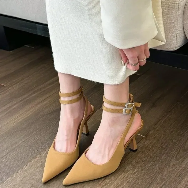 High Quality Sgbac Heels Pumps Women New 2024 New Pointed Toe Thin Heeled Party Shoes Woman Solid Color Ankle Buckle Summer Sandals B7d0