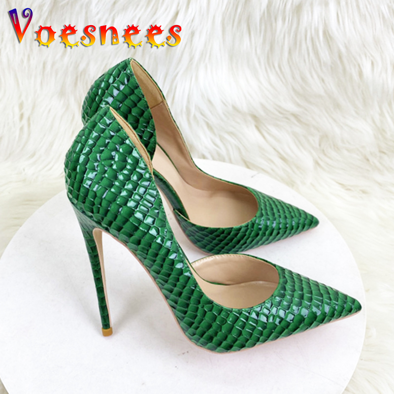 12CM Embossing Single Shoes Sexy Pointed Toe Women Evening Party Dress High Heels New Summer Office Green Slip On Stiletto Pumps