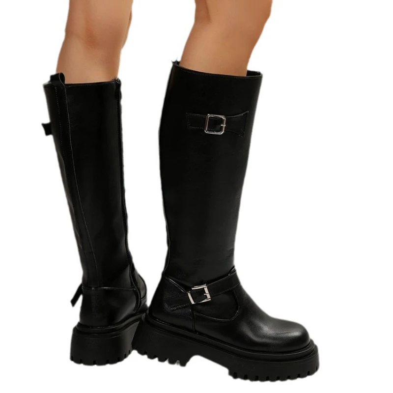 Belt Buckle Gothic Boots for Women Black Thick Heels Knee High Boots Woman Plus Size 42 Punk Long Botas Female 2024