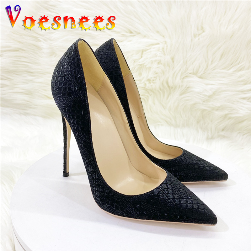 Voesnees Women New Snake Skin Pattern High Heels 12CM Pointed Toe Fashion Model Pumps Plus Size Blue Shallow Cut Single Shoes