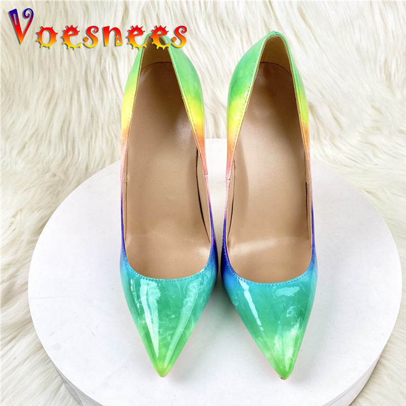 Rainbow Single Shoes 2024 Spring New Gradient Color High Heels 12CM Pointed Casual Shoe Club Women Shallow Mouth Big Size Pumps