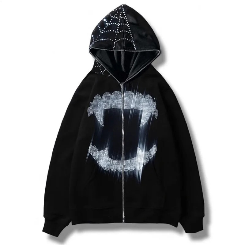 Y2k Hoodie Rhinestone Skeleton Goth Sweatshirt Sport Coat Pullover Mens Gothic Long Sleeve Oversized Hoodie Zip Jacket Hoodies 240913