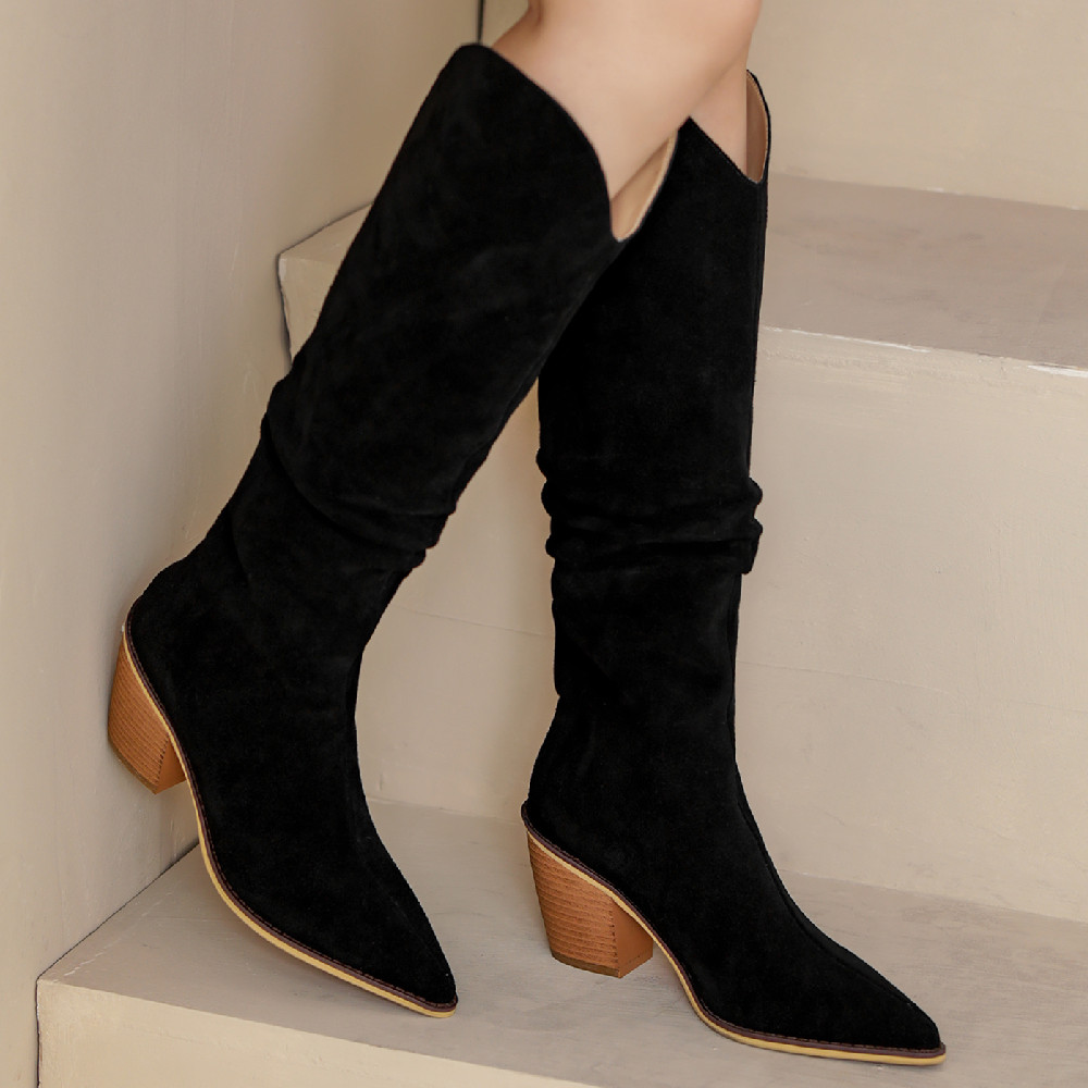 natural Women's suede leather thick heel pointed toe pleated autumn knee high elegant ladies warm long boots shoes 56de