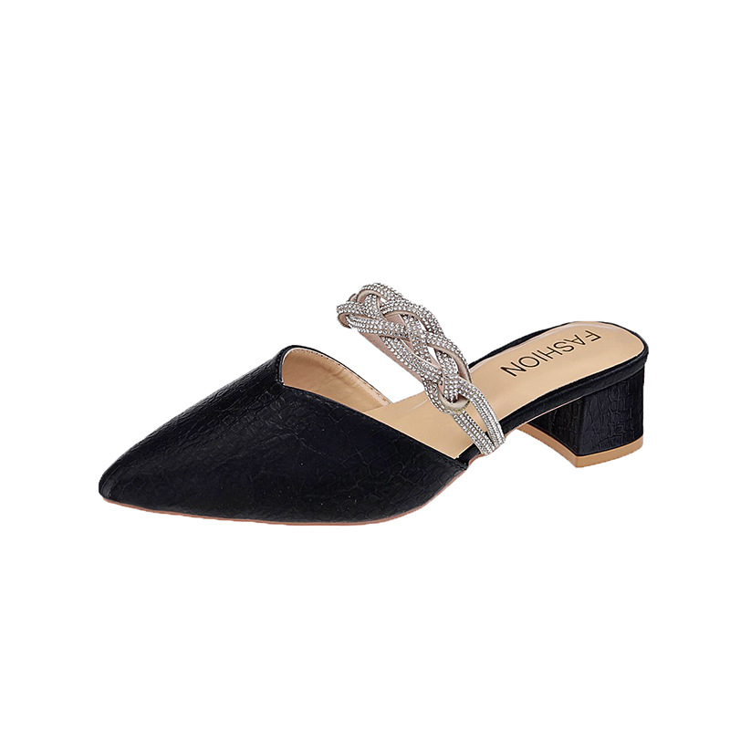 crystal weaved band mules sandals women pointed toe chunky heel summer shoes woman slippers casual design cover toe slides women