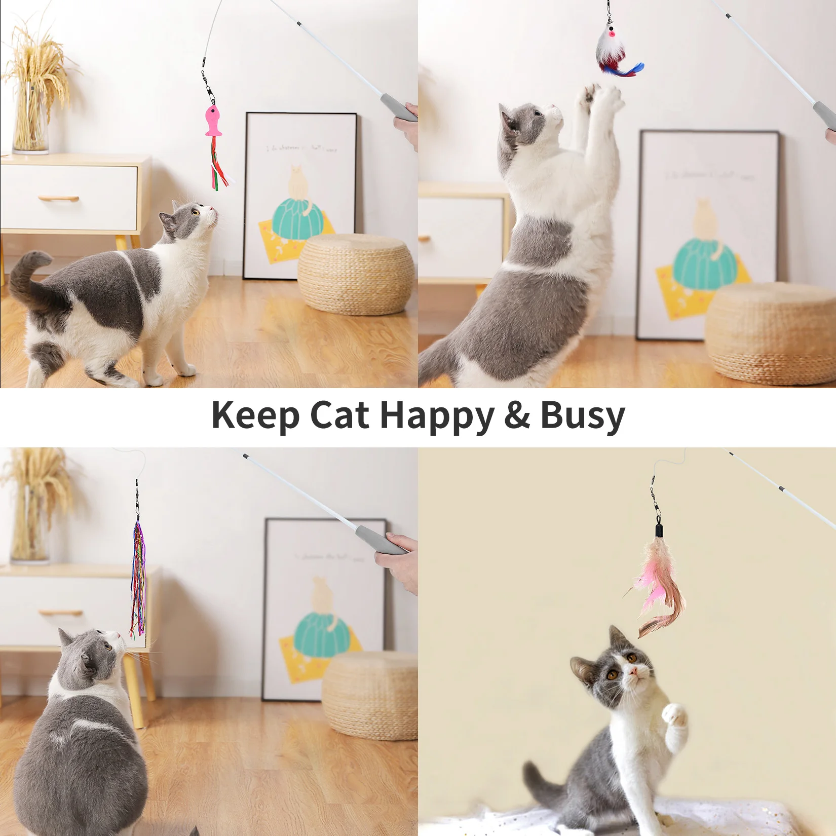 12pcs Colorful Cat Teaser Wand Interactive Funny Cat Toy Fishing Nteractive Toy for Kitten Playing Teaser Toy Cat Supplies