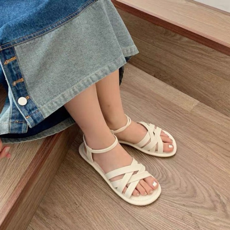 Summer Flat Women Beach Casual Cross Peep Toe Ladies Sandales Shoes Woman Black Sandals Roman Footwaer Sandalias Mujer 0664