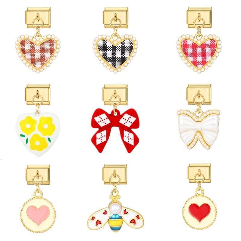 New Women's Gift Gold cute bow heart Pendant Italian Charms Links Bangle Beads Fit 9mm Stainless Steel Bracelet Making DIY For Women Fashion Jewe