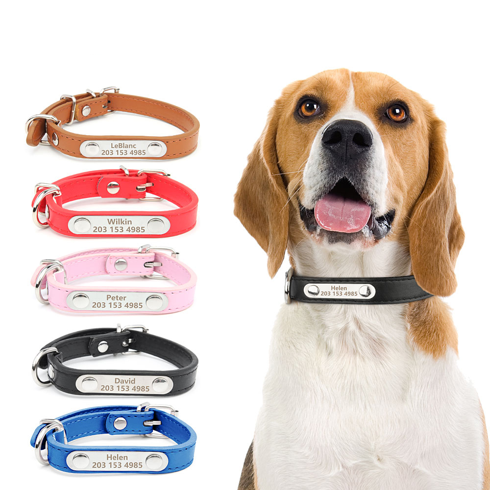 Custom Leather Pet Dog Collars Engraved Personalized Dog ID Tag Collar Leash Lead for Small Medium Large Dogs Adjustable Collar