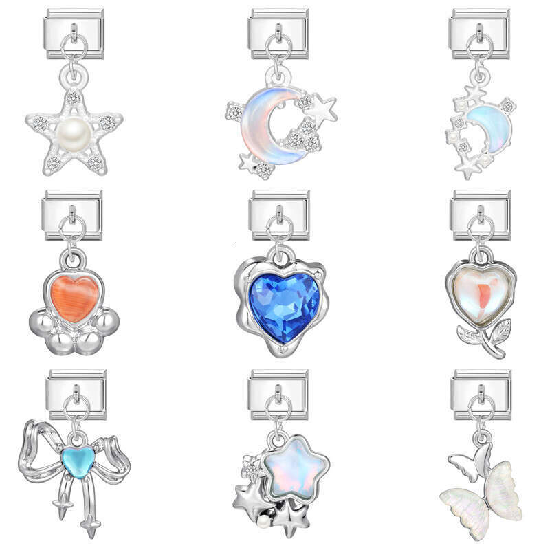 New Women's Gift Moon star Shiny CZ Pendant Italian Charms Links Bangle Beads Fit 9mm Stainless Steel Bracelet Making DIY For Women Fashion Jewel