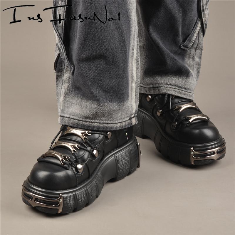 Platform Metal Toe Chunky Sneakers Women's Gothic Punk Style Sneakers Rock Design Black Walking Shoes Casual Female Runway Shoes