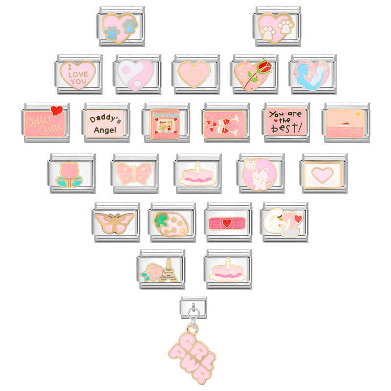 New Women's Gift Sweet pink heart Pendant Italian Charms Links Bangle Beads Fit 9mm Stainless Steel Bracelet Making DIY For Women Fashion Jewelry