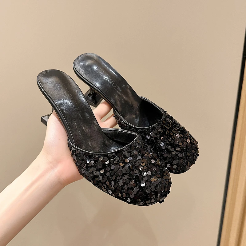 Bling Sequin Cloth Mules Shoes Women High Heels Close Toe Slides Elegant Ladies Pumps For Party Dress Shoes Female Shallow