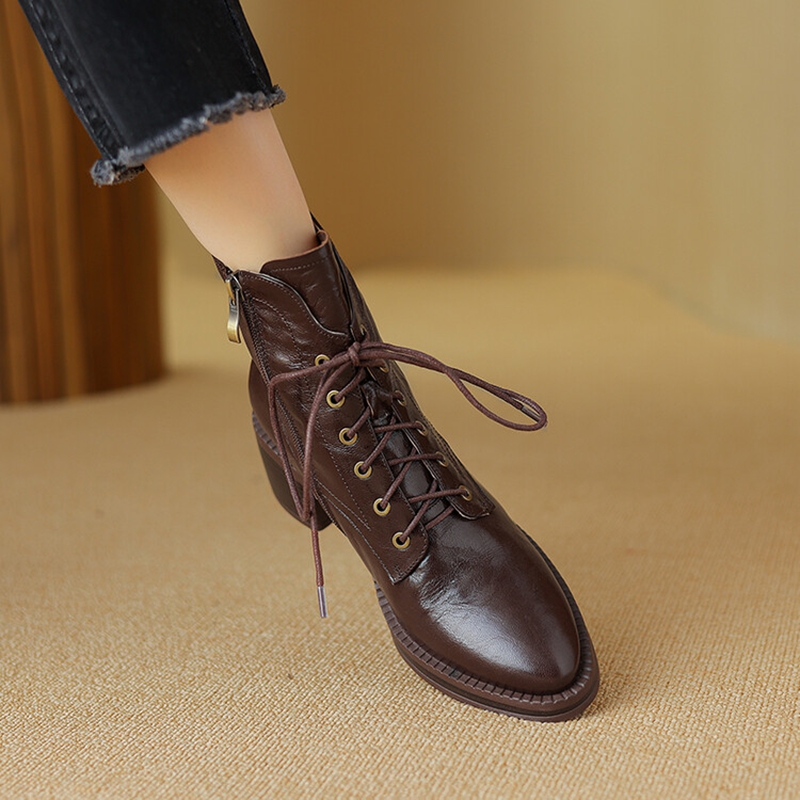 Autumn NEW Genuine Leather for Women Pointed Toe Chunky Heel Shoes Lace-up Ankle Zipper Designer Boots 4a2a