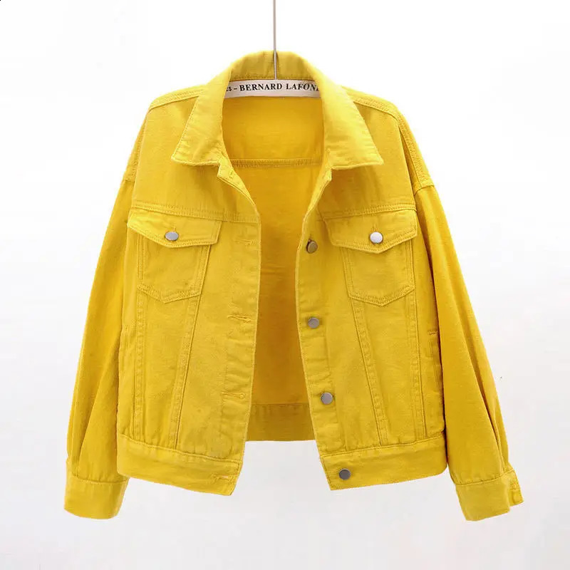 Womens candy colored short denim jacket Harajuku clothing Spring and Autumn long sleeved loose denim jacket Wild womens denim jacket A796 240906