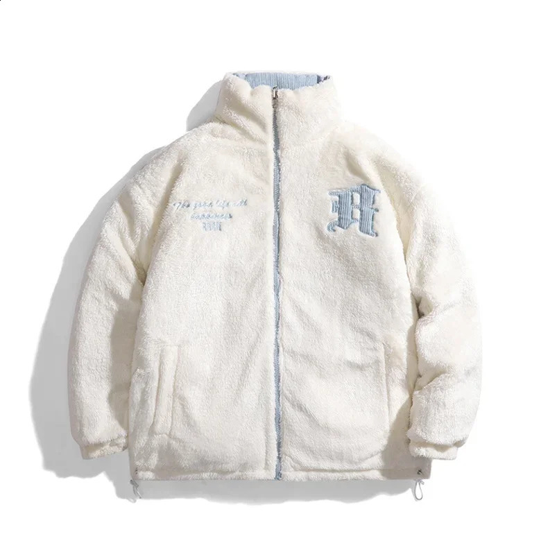 Winter Corduroy Parkas Men Women Harajuku Letter Embroidery Puffer Coat Lamb Loose Denim Coat Male Parka Men Moletom Masculino 240913