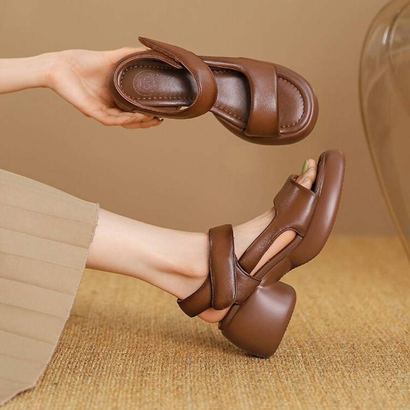 Summer NEW Genuine Leather for Women Round Chunky Open Toe Thick New Heel Shoes Platform Sandals 4283 Platm