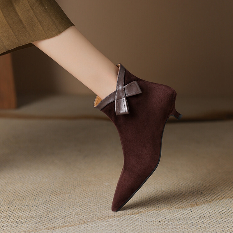 Autumn NEW Sheep Suede Leather for Women Pointed Toe Ankle Bow-knot Shoes Black Kitten Heel Modern Boots 5d3d