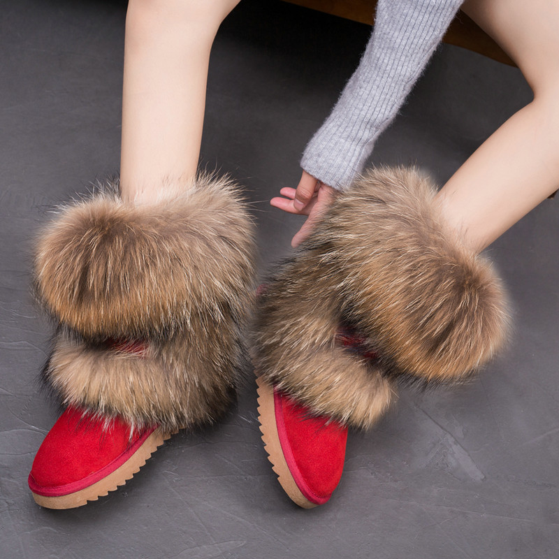 Natural Fox Fur Snow Boots Genuine Cow Suede Leather Boots Shoes Mid-calf Knee Boots Raccoon Fur Warm Female Flat Boots