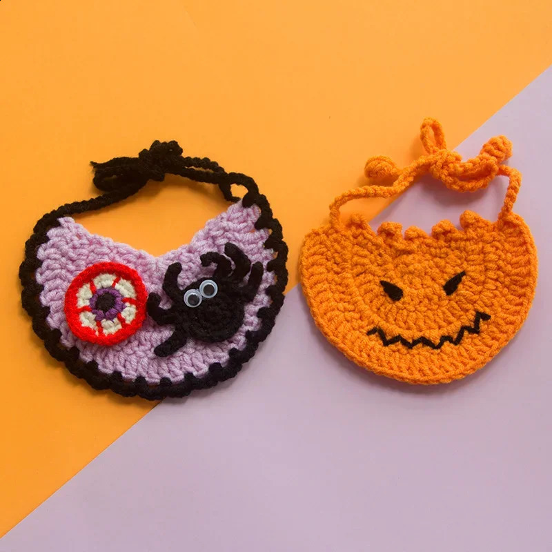 Halloween Ghost Festival cat crochet collar dog pet bib decoration collar pumpkin handmade wool knitted dog bandage 240914