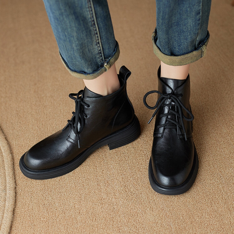 Autumn NEW Split Leather for Women Round Toe Chunky Heel Shoes Black Lace-up Ankle Casual Boots d0dd