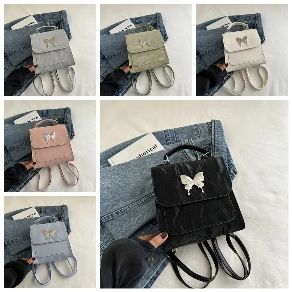 Large capacity Korean square backpack with butterfly pattern Pu leather backpack solid color handbag Y2k student backpack 240912