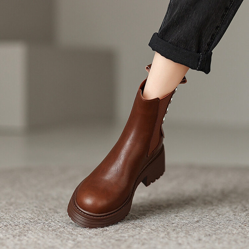 Fall NEW Shoes Split Leather Round Toe Chunky Heel Casual Solid Platform Boots for Women botas de mujer 45b8