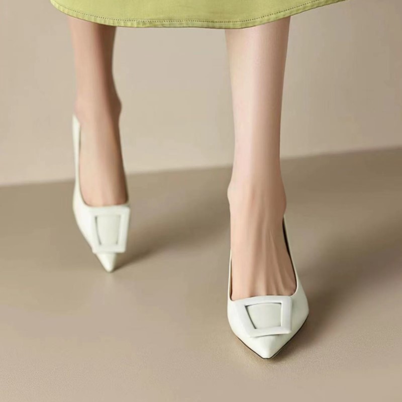 New Women's Pumps Pointed Toe Boat Shoes Square Button Pump Slip on Designer Shoes High Heels Patent Leather Dress Shoes 1528N