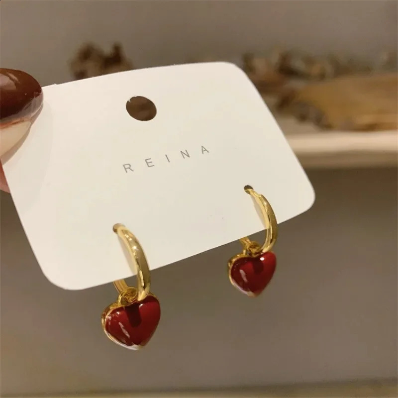 Simple n Wine Red Love Heart Dangle Earrings for Women Gold Color Circle Vintage Peach Drop Earring Can Be Separated 240906