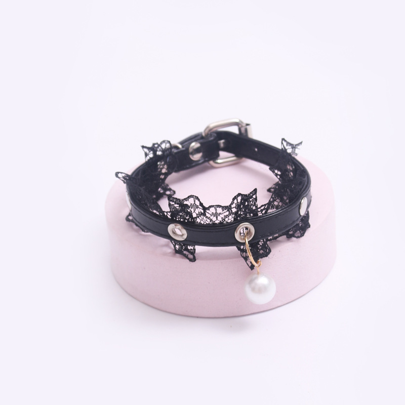 PU Leather Pet Collar Imitation Pearl Charm Cat Collar Faux Leather Pet Collar with Lace Trim Pet Collar for Cats and Small Dogs