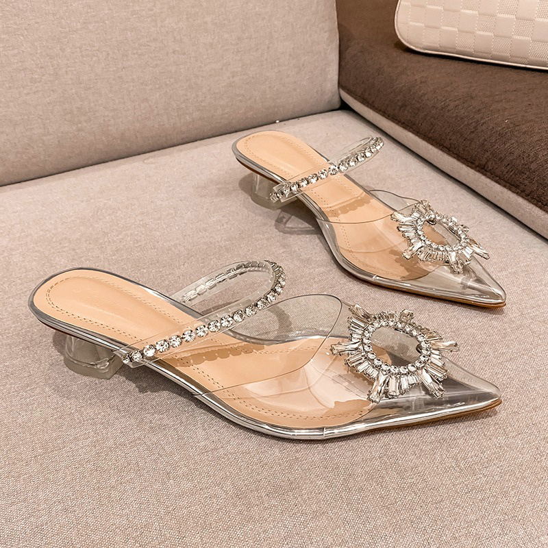 Luxury Rhinestone Transparent High Heels Crystal Sandals Women'S Summer Outside Wearing Pointed Toe Half Slippers