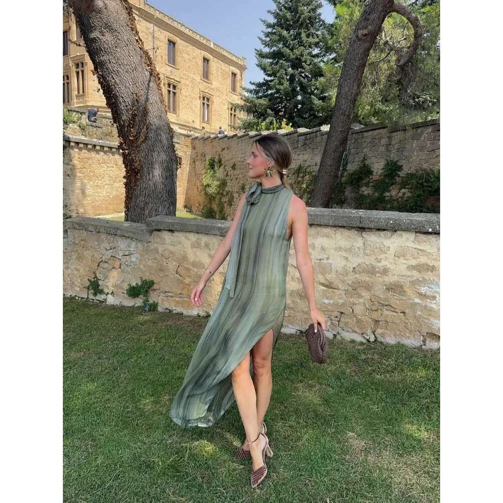 Elegant Sleeveless Lace Up Halter Maxi Dress Women Casual Round Neck Hollow Out Side Slit Dresses Summer Lady High Streetwear