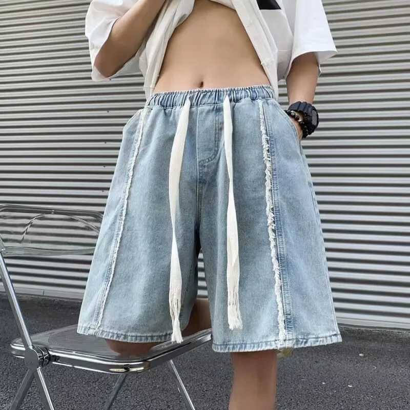 American Style High Street Denim Shorts For Men Trendy Design Sensibility Elastic Waist Casual Style Mid Waist Over Knee JeansX240914