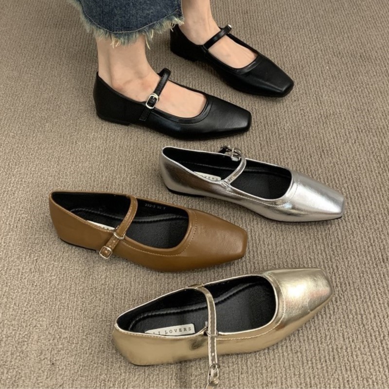 Women's Flats 2024 Summer Mary Janes Shoes Silver Gold Ballet Flats Square Toe Black Woman Shoes Comofrtable Zapatos Mujer 1815N