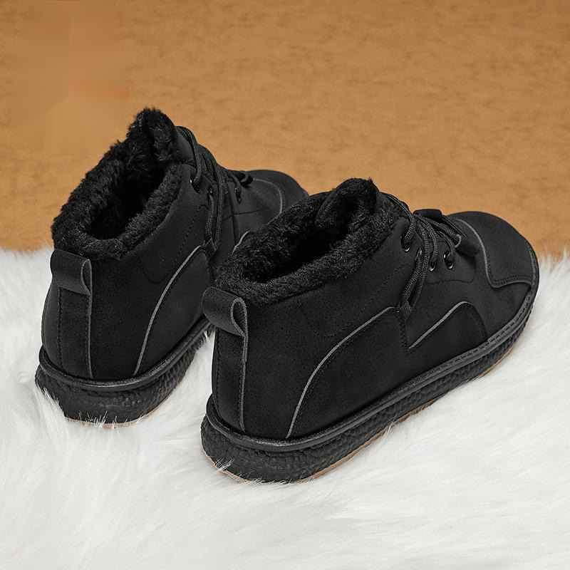Winter thick snow with added fleece, outdoor sports warm cotton shoes, mid top lace up men's suede leather boots