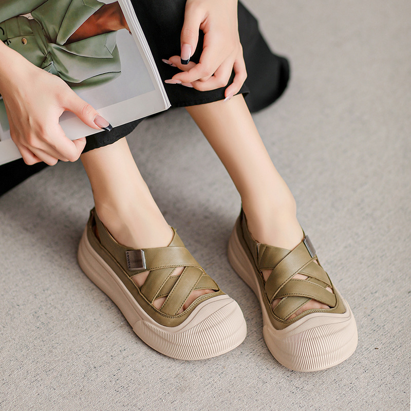 Koznoy 4cm Weave Cow Genuine Leather Summer Fashion Sandals Slip on Women Sandal Slippers Pumps Platform Wedge Hollow Flats